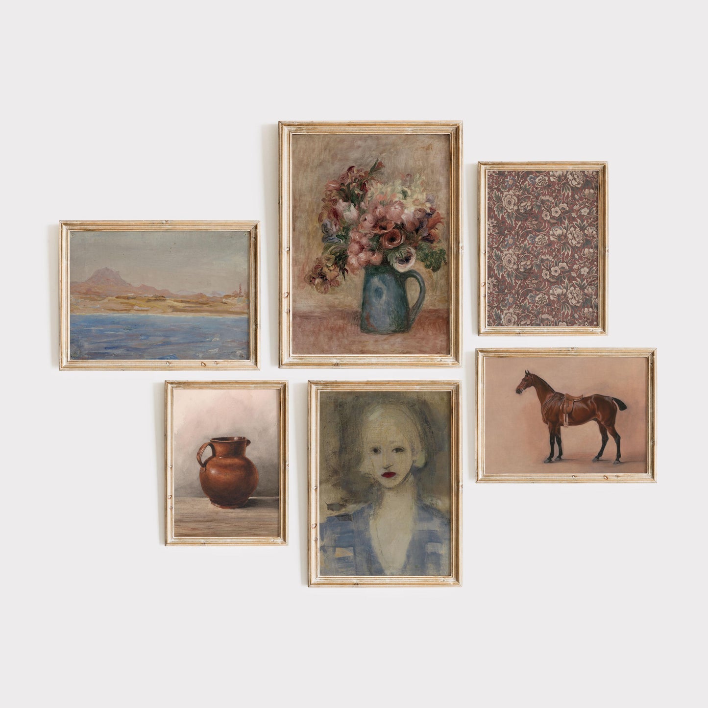 A set of six framed vintage-style paintings and prints arranged on a light gray wall. The collection includes a landscape, a floral vase, a patterned floral print, a brown pitcher, a portrait of a child, and a horse.