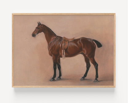 A framed painting of a brown horse standing in profile against a warm beige background, shown hanging on a light wall.