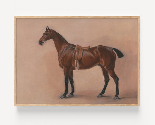 A framed painting of a brown horse standing in profile against a warm beige background, shown hanging on a light wall.