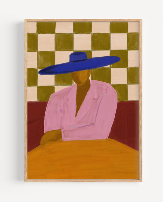 Artistic depiction of a person wearing a large blue hat and pink outfit against a checkered wall.