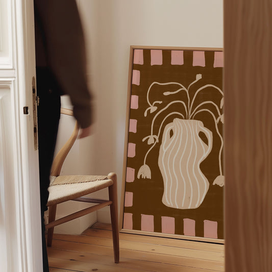 The Dancing Vase canvas print featuring a whimsical wavy vase with curling floral stems