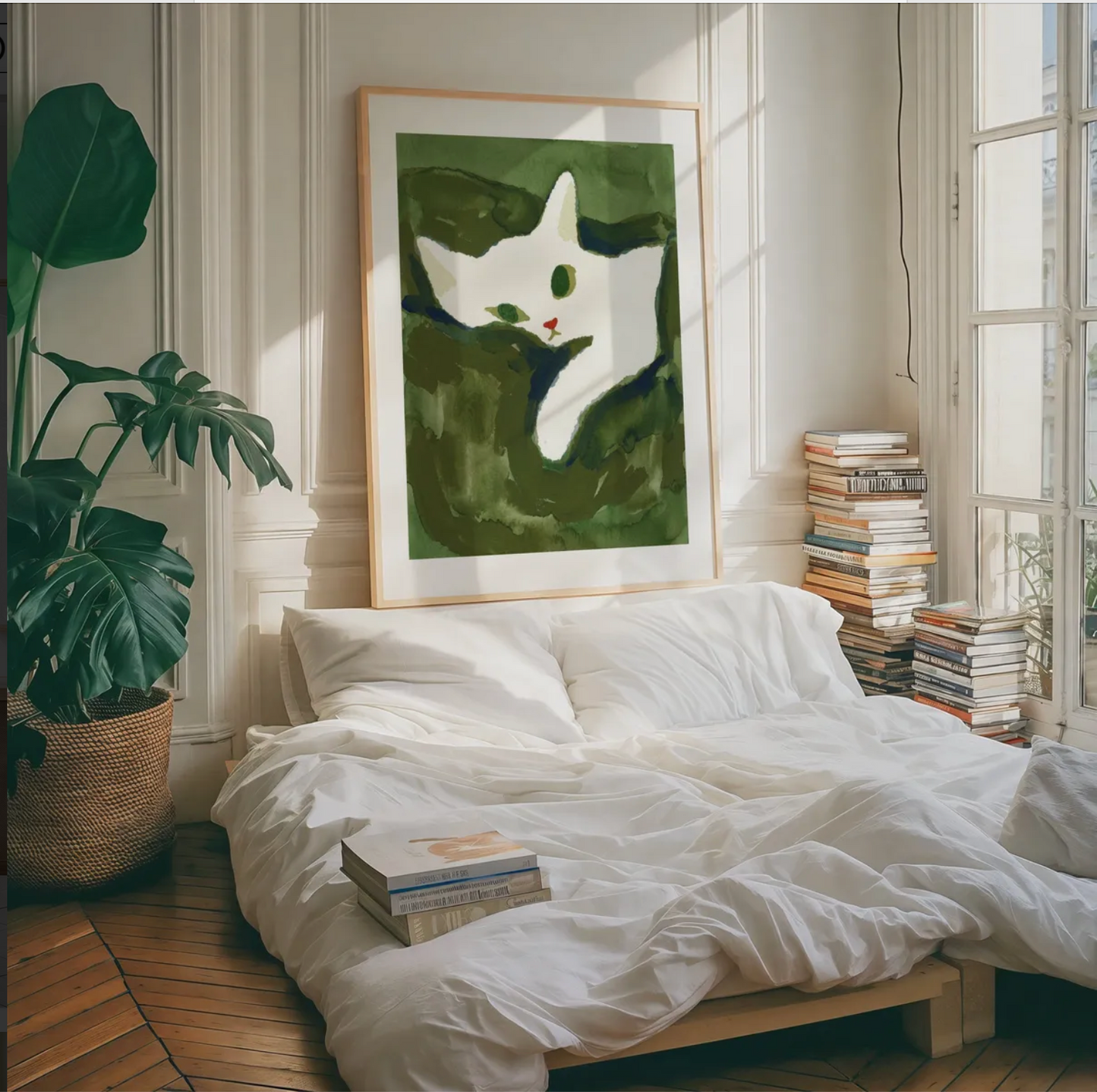Room interior with a bed, books, and a framed picture of a cat on the wall.