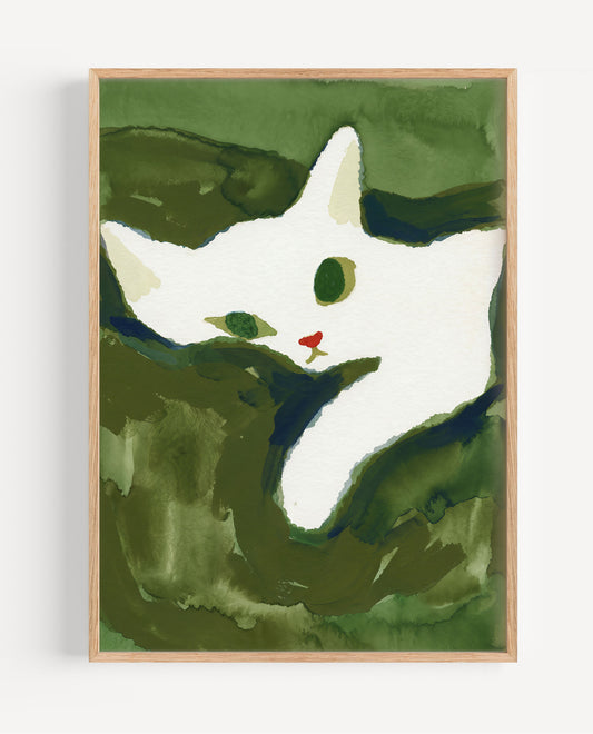 Abstract white cat portrait art print on green background