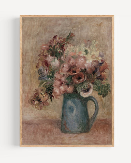 A framed still life painting of a bouquet of pink and cream flowers in a blue-green pitcher, shown against a neutral light gray background.