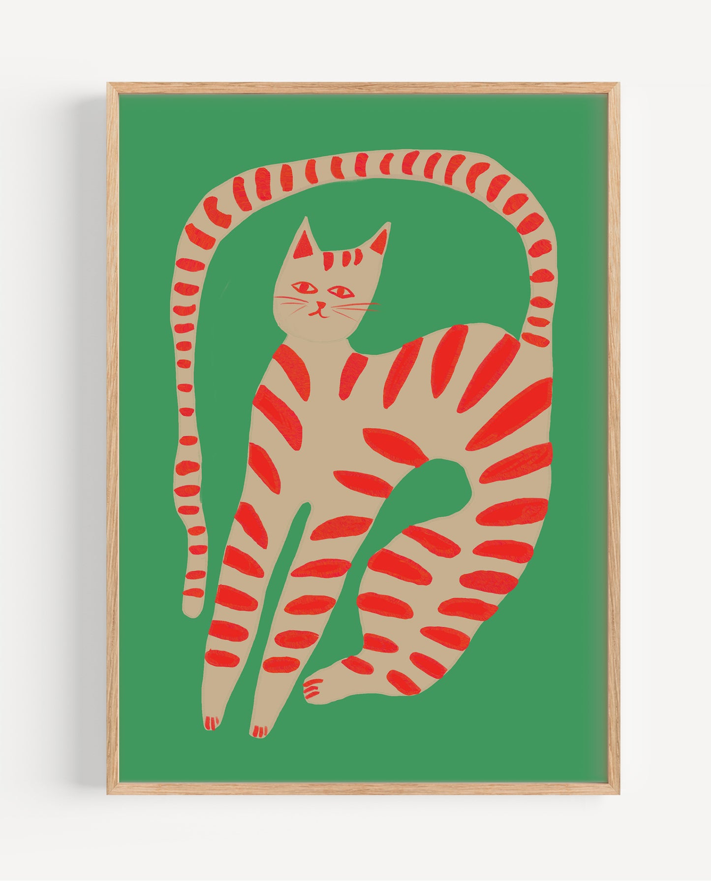 Framed artwork of a stylized cat with red stripes on a green background