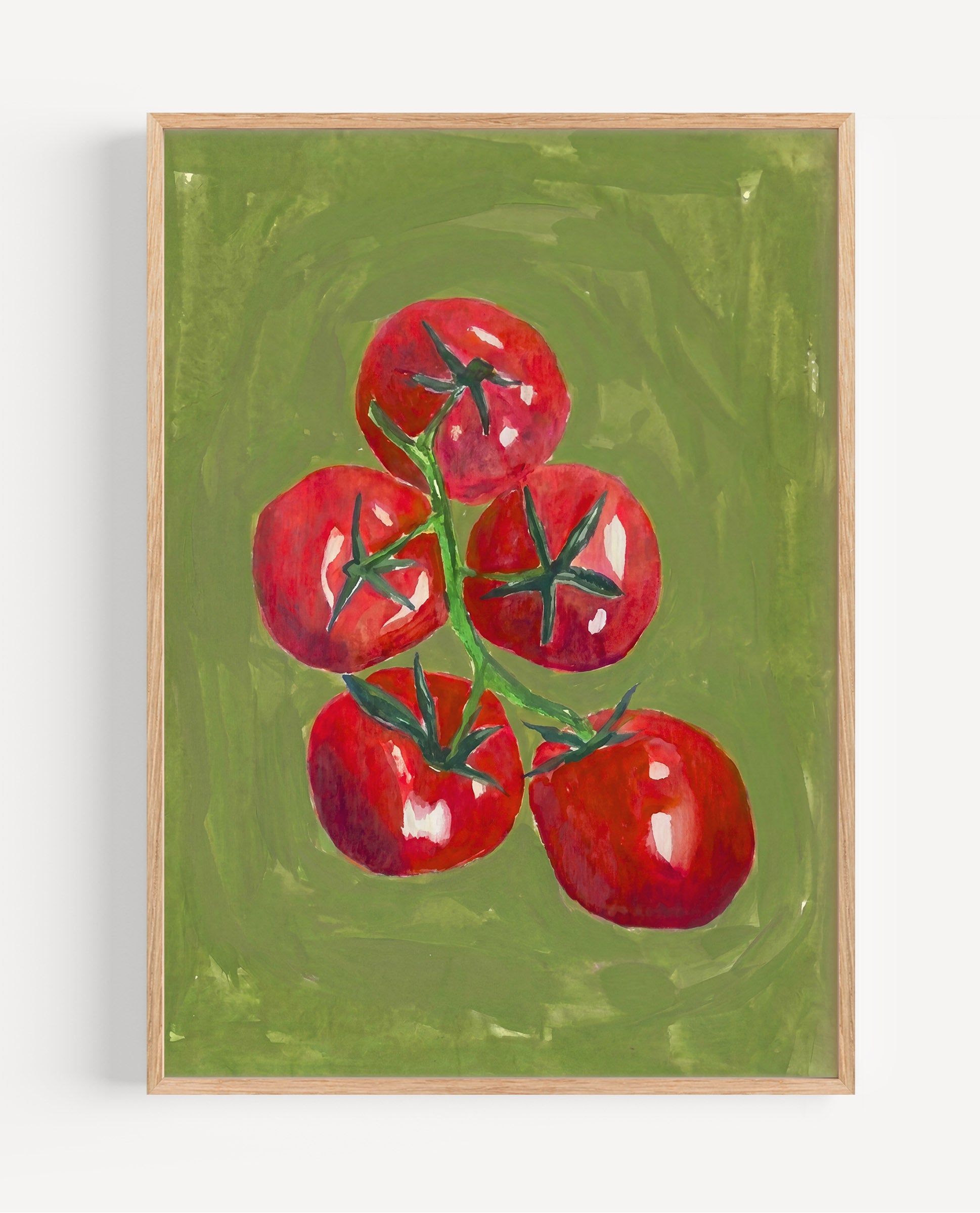 A framed painting of five red cherry tomatoes on a vine against a textured olive green background, displayed in a light wood frame on a white wall.
